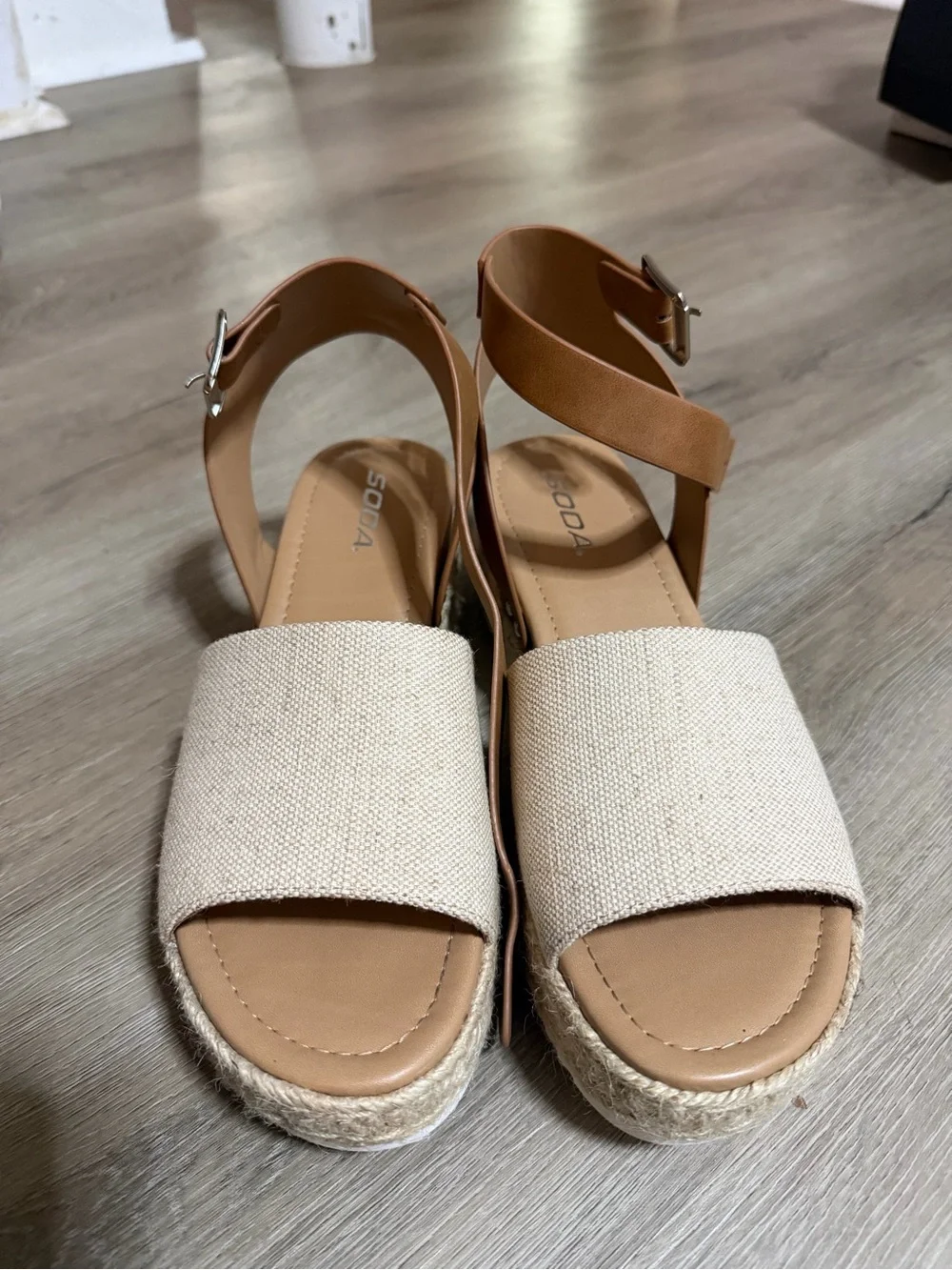 Soda Beige Canvas Espadrille Platform Sandals with Tan Straps